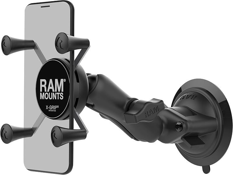 RAM MOUNTS X-Grip Soporte para teléfono para parabrisas con base de ventosa con cierre giratorio | Soporte universal para automóviles y camiones, brazo mediano tamaño B, se adapta a la mayoría de los teléfonos inteligentes, montaje en parabrisas o tablero