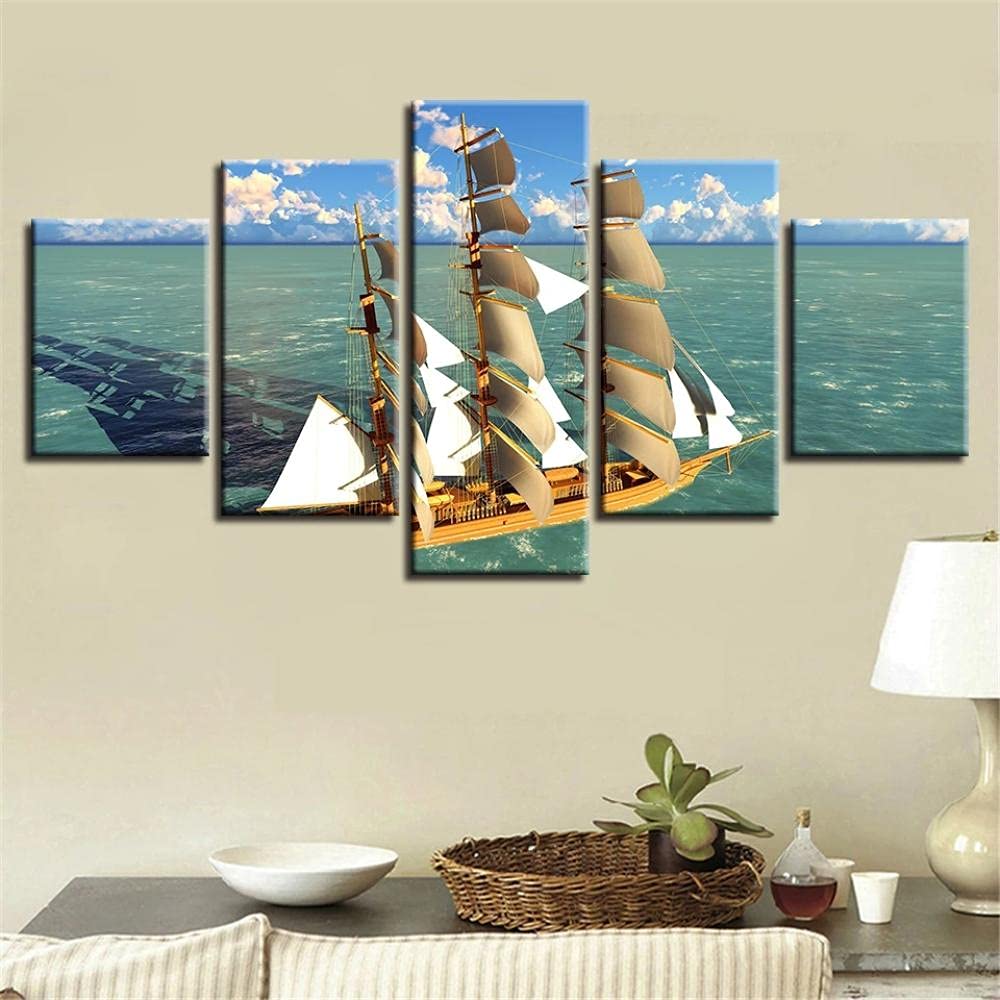 Tableau moderne salon panoramique avec beau bateau de mer pour une déco murale apaisante