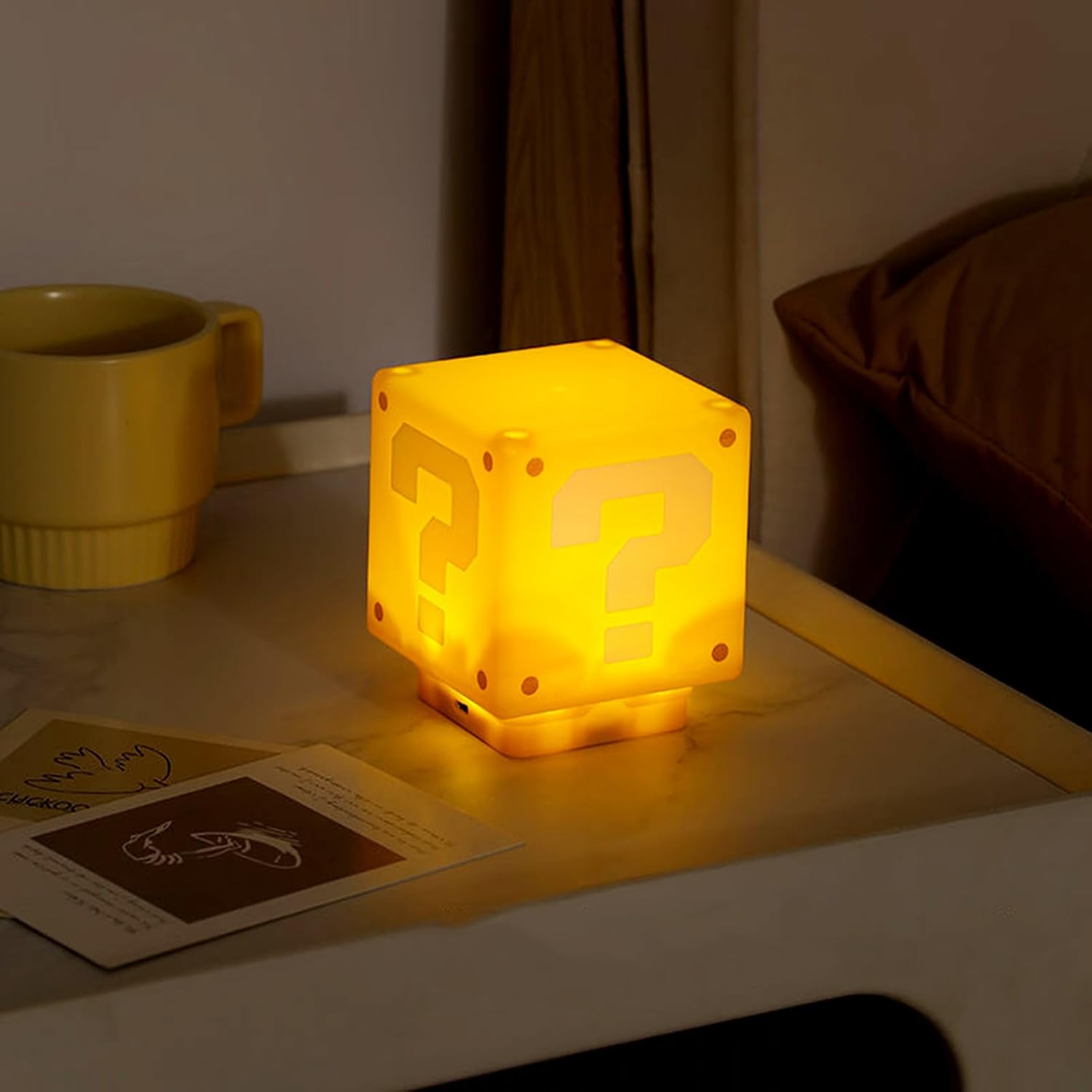 Super Bro Question Block Night Light,Question Mark Block Decorate Table Lamp with USB Power Cable, Yellow LED Night Lamp Box with Game's Gold Coin Sound Effects Party Gift