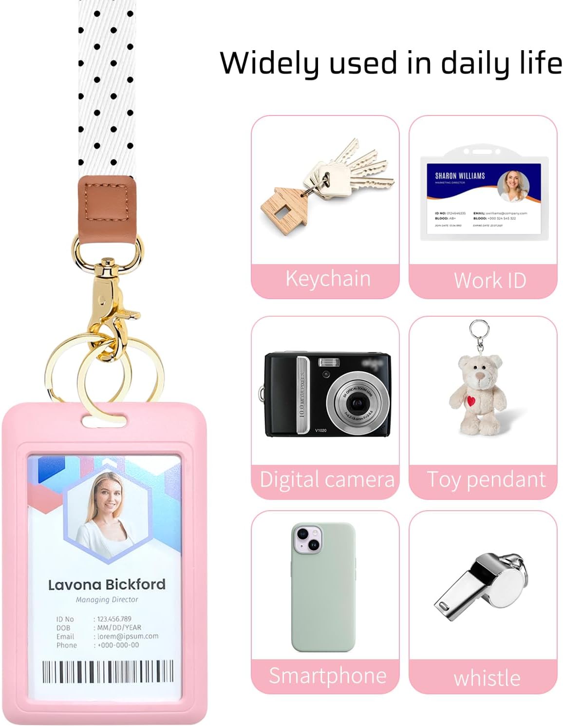 Lanyards for Keys, Neck Lanyards for ID Badges with Metal Hook, Cute Lanyard Keychain for Women, White Polka Dots - Image 5