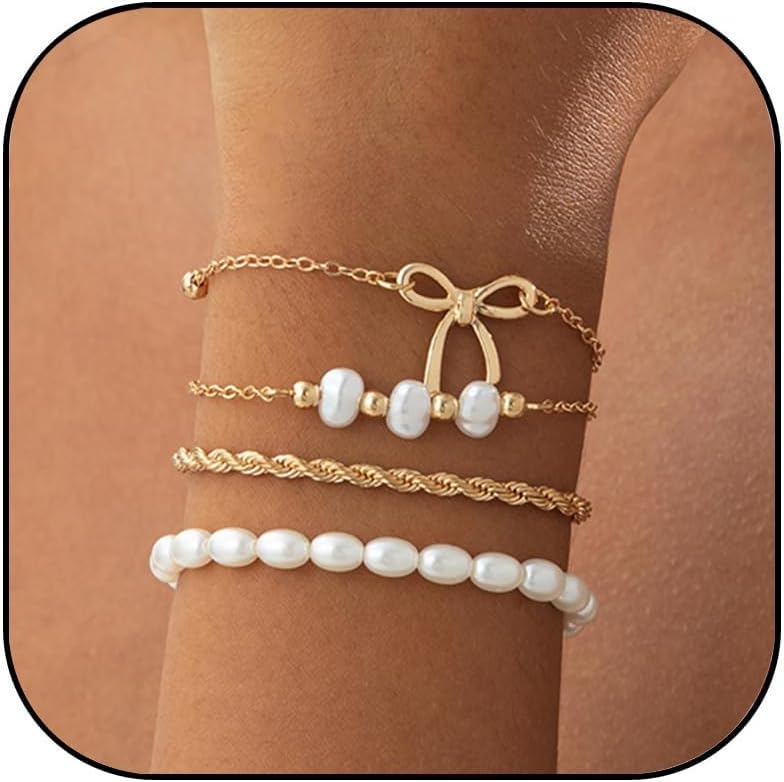 Bow Bracelet for Women Adjustable Gold Pearl Twisted Chain Beaded Stackable Bracelets Trendy Jewelry Gifts