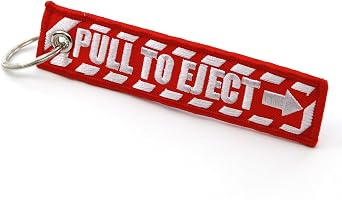 PULL TO EJECT Key Chain - Red with White embroidered letters - Quantity  1