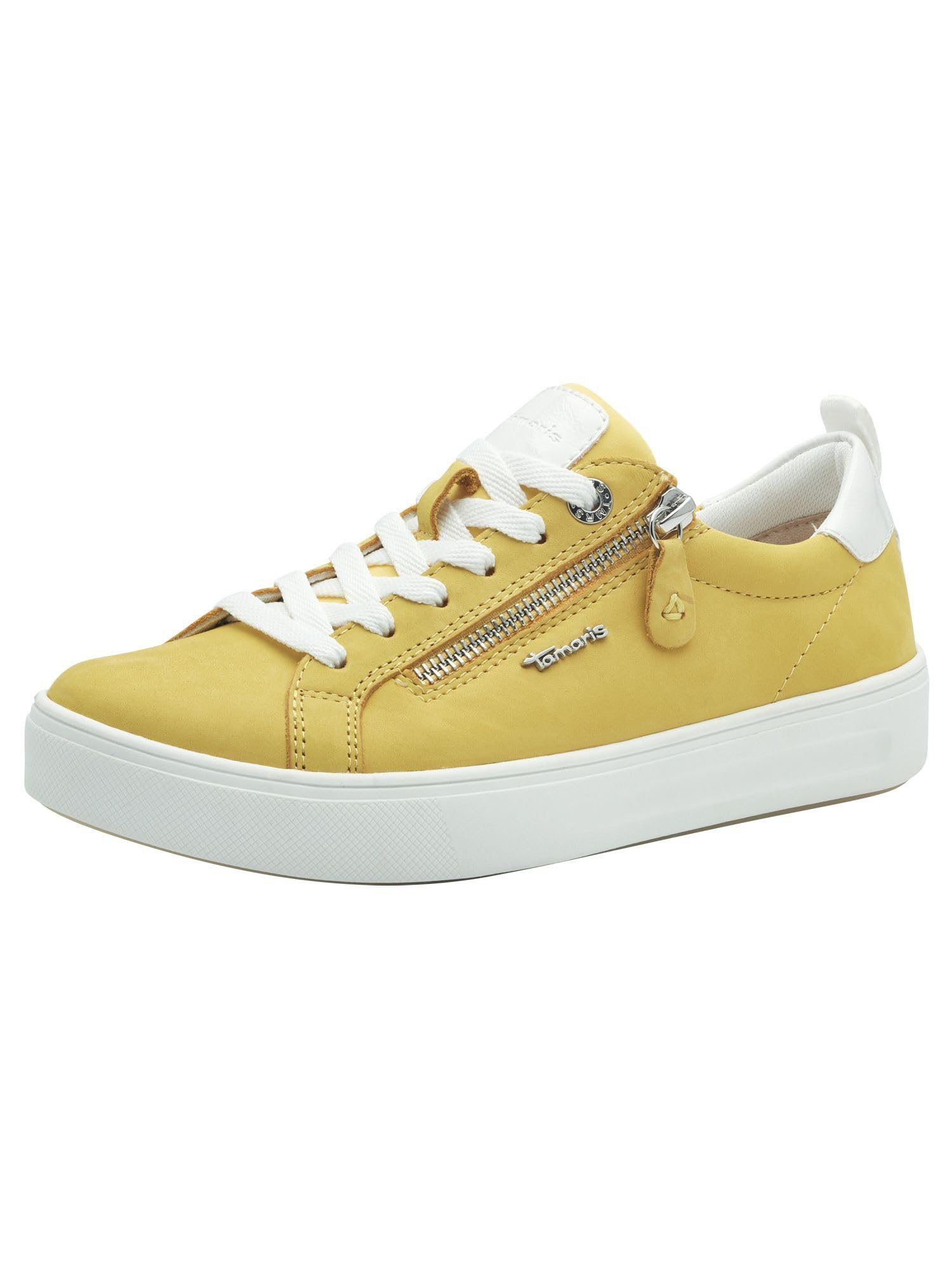 Tamaris Comfort Women’s Flat Sneakers with Zip Casual, Yellow Nubuc, 4 UK