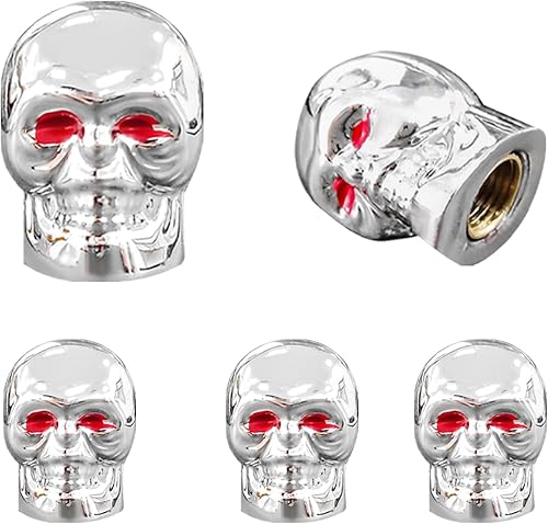 5 tapas de vástago de válvula de neumático estilo calavera con anillo de goma, cubiertas de tapones de aire de coche con ojos rojos, tapas de
