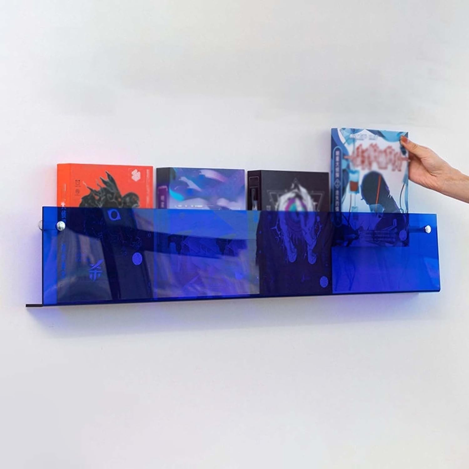 SAeWare Revistero acrílico montado en la pared, moderno soporte de exhibición de folletos/soporte de almacenamiento de registros, organizador de libros de plástico, para oficina y hogar, azul, 40 cm