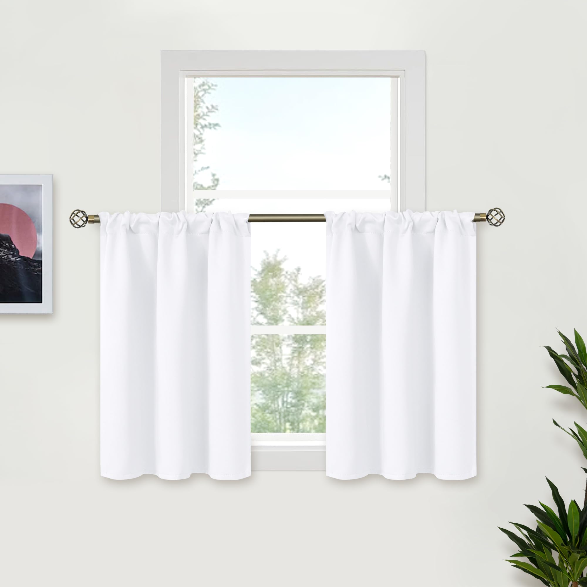 BGment White Small Curtains 36 Inches Length for Over Sink, Half Drapes with Rod Pocket Privacy for Bathroom Kitchen Window, 2 Panels, 34 x 36 Inch
