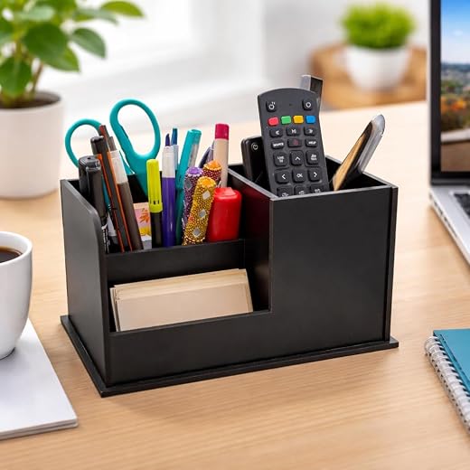 POSHIO Desk Organizer – Compact Pinewood Storage Holder | Multi-Purpose Table Organizer for Stationery, Makeup, Remotes, C...