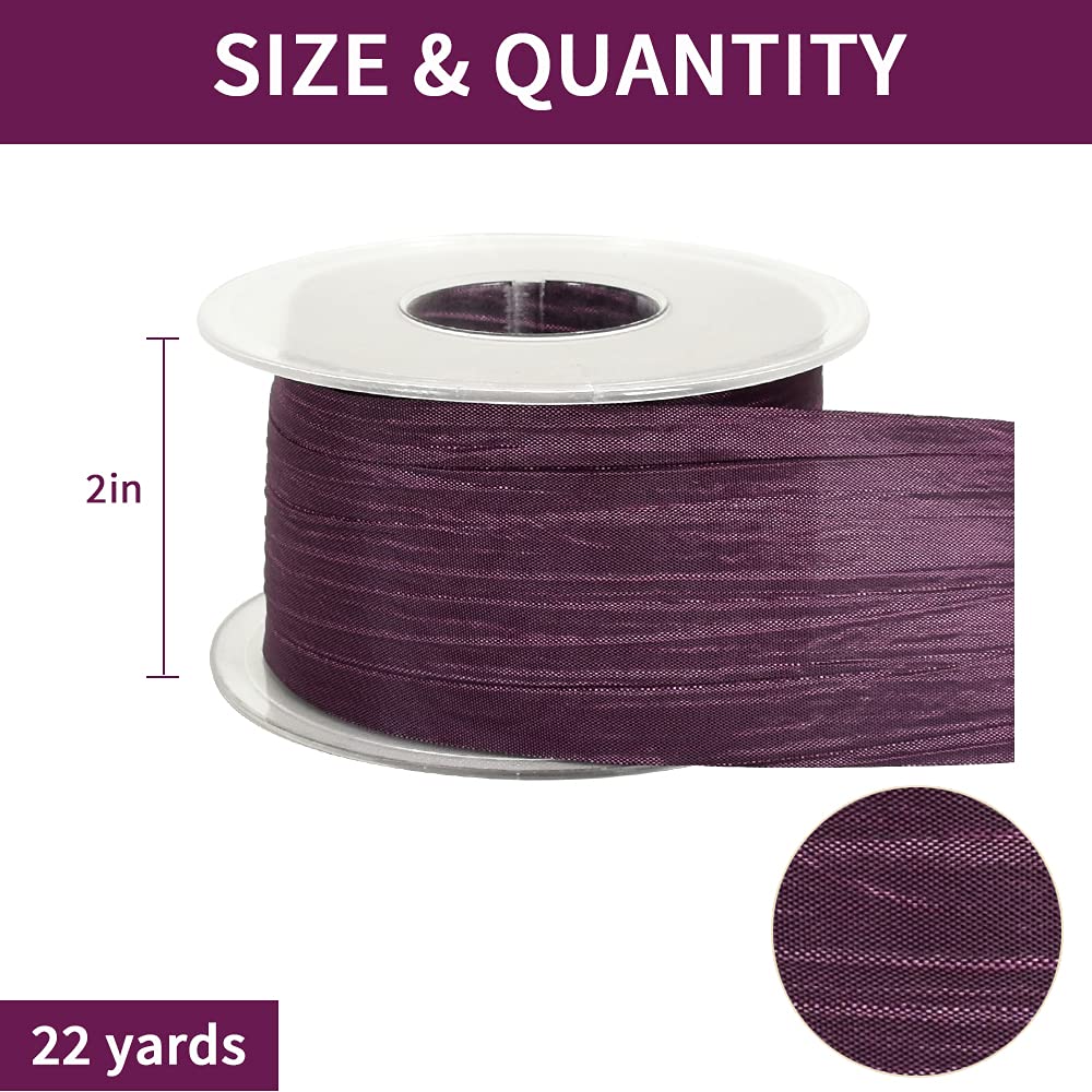 TONIFUL 2 Inch x 25 Yards Wide Purple Crinkled Ribbon Silk-Like Wrinkled Ruffled Woven Solid Ribbons for Crafts Floral Bouquets Rustic Wedding Decorations Gift Wrapping Packaging Valentine's Day