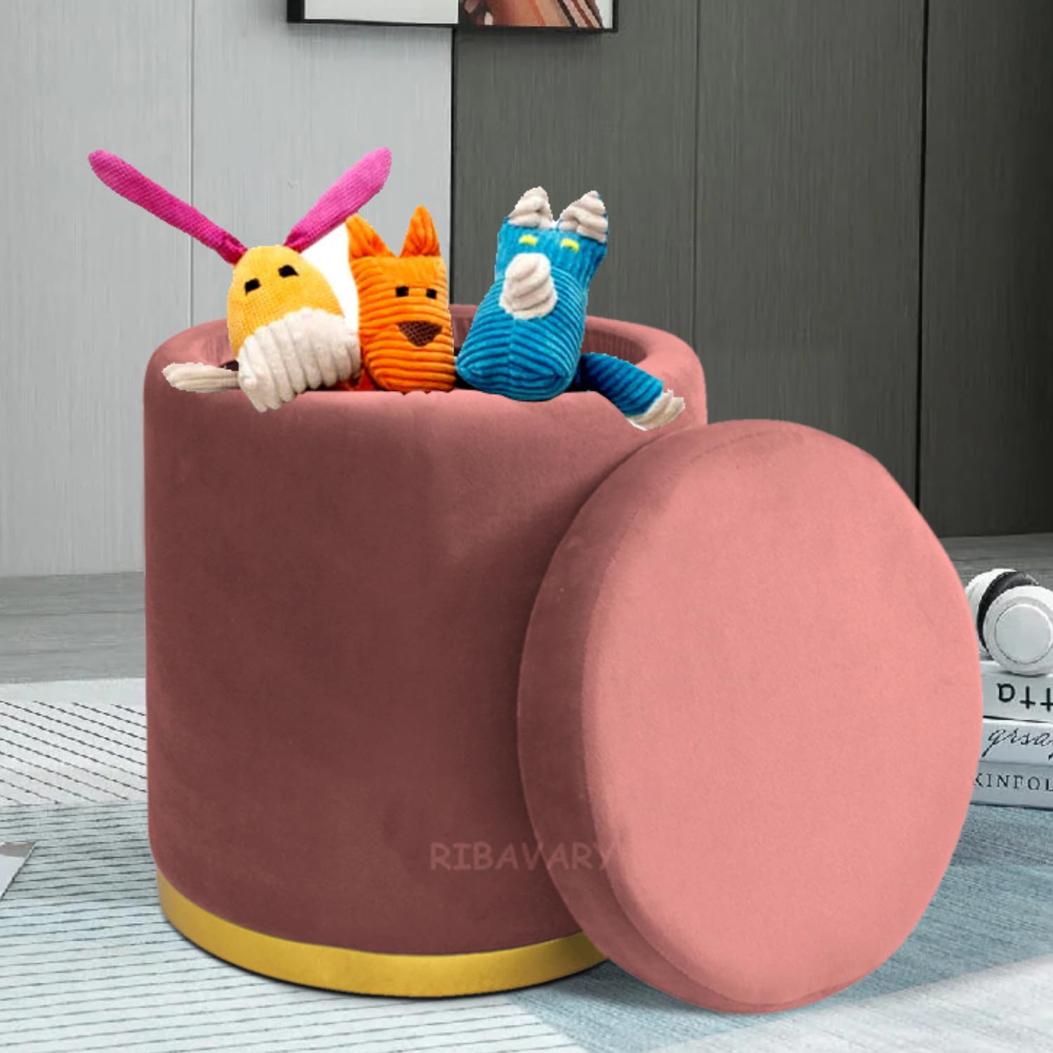 RIBAVARY Storage Ottoman Sitting Stool for Bedroom & Living Room, Velvet Sofa Side Stool, Wooden Small Ottoman Footrest Stool, Makeup Chair, Pouf for Office & Home Decoration (Drum Storage, Pink.)-image-46