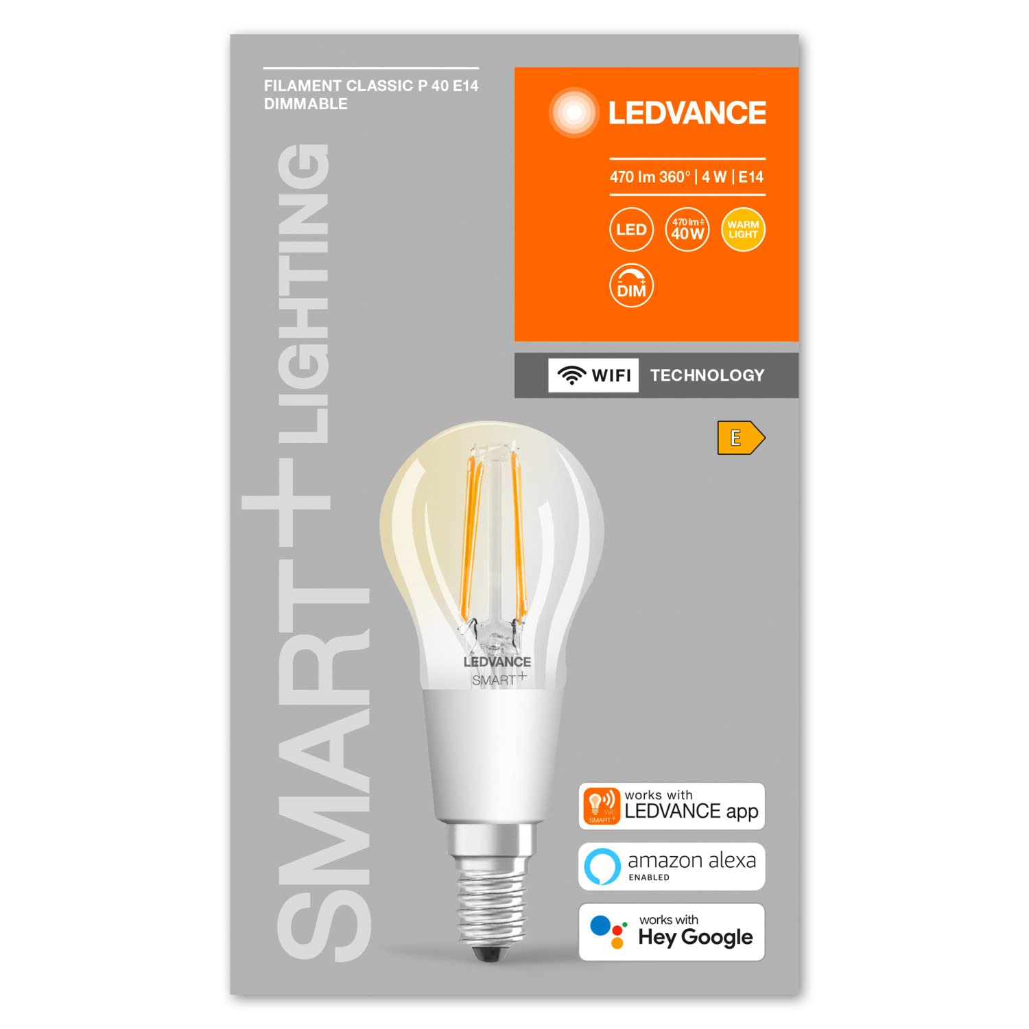 LEDVANCE Bombilla LED inteligente con tecnología Wifi, casquillo E14, regulable, blanco cálido (2700K), forma de gota, filamento transparente controlable con Alexa, Google y App, paquete de 4