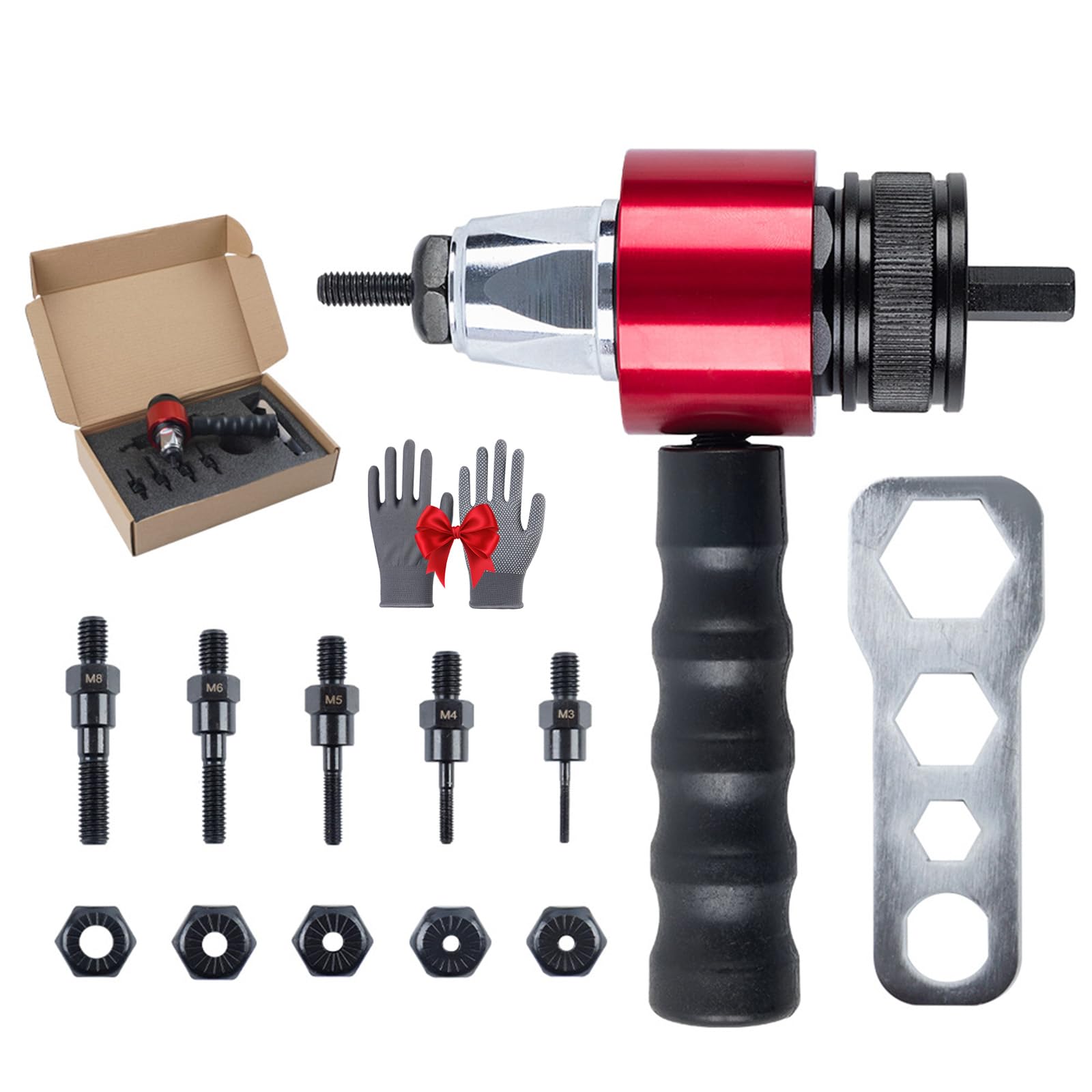 Adattatore Rivettatrice Elettrica M3-M8 per Avvitatore, Kit con 10 Mandrini per Inserti Filettati, Inserto Rivettatrice per Trapano, Riparazione Mobili & Fai da Te (Red)