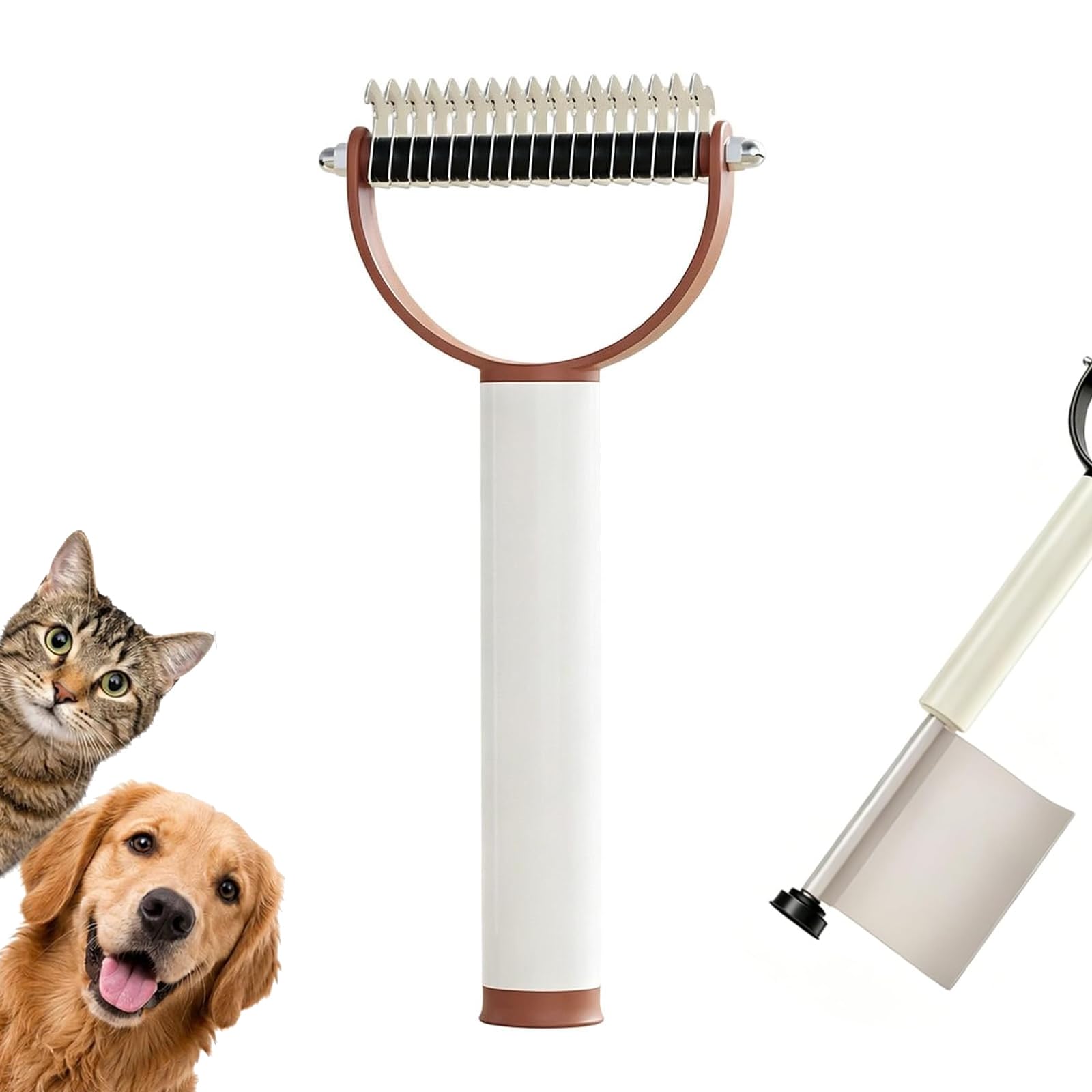 Sotiers 2-in-1 Pet Dematting Comb with Lint Roller, Double-Sided Deshedding Brush for Dogs & Cats, Pain-Free Stainless Steel Rake for Matted Fur & Loose Hair, Self-Cleaning Grooming Tool