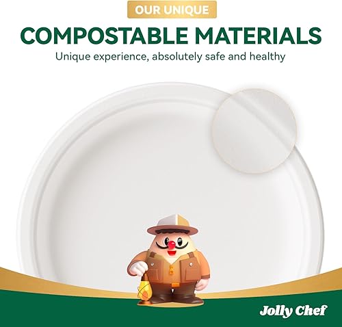 Miniatura 6 de JOLLY CHEF Platos 100% compostables resistentes de 10 pulgadas (paquete de 125) platos de papel blanco desechables ecológicos hechos de bagazo,