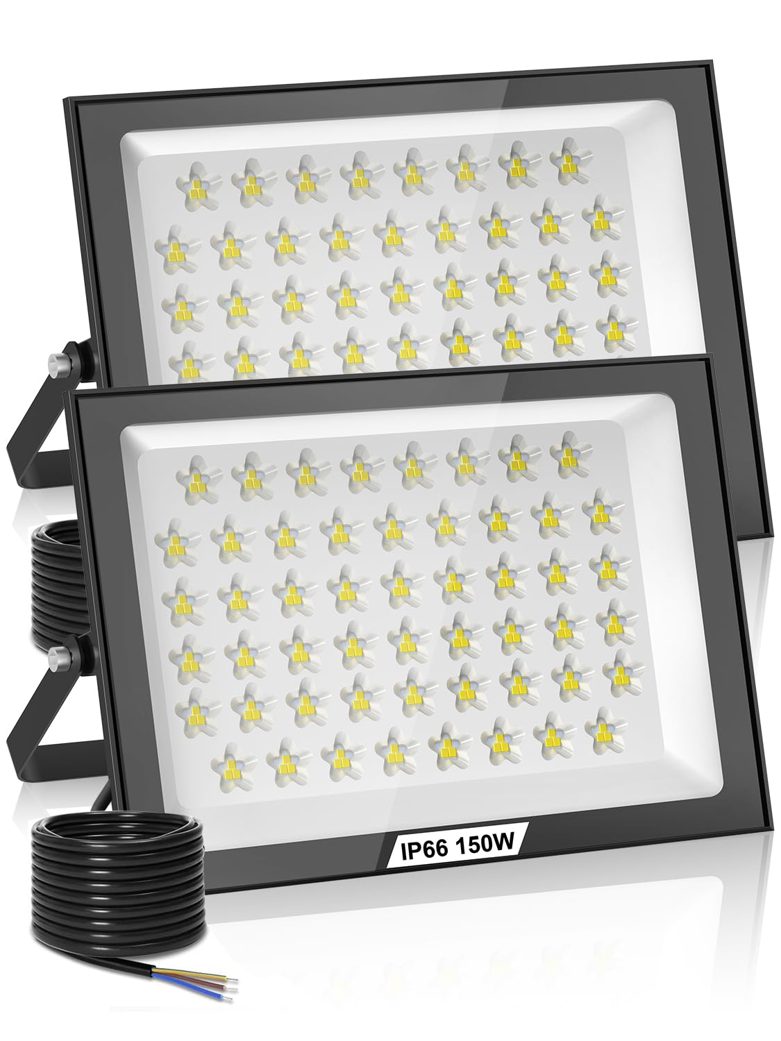 Projecteur LED Exterieur 150W 2 Pièces,15000LM Super Lumineux Spot LED Extérieur,6500K Blanc Froid Spot Extérieur Puissant,IP66 Étanche Eclairage Exterieur pour Jardin, Terrasse, Garage, Terrasse