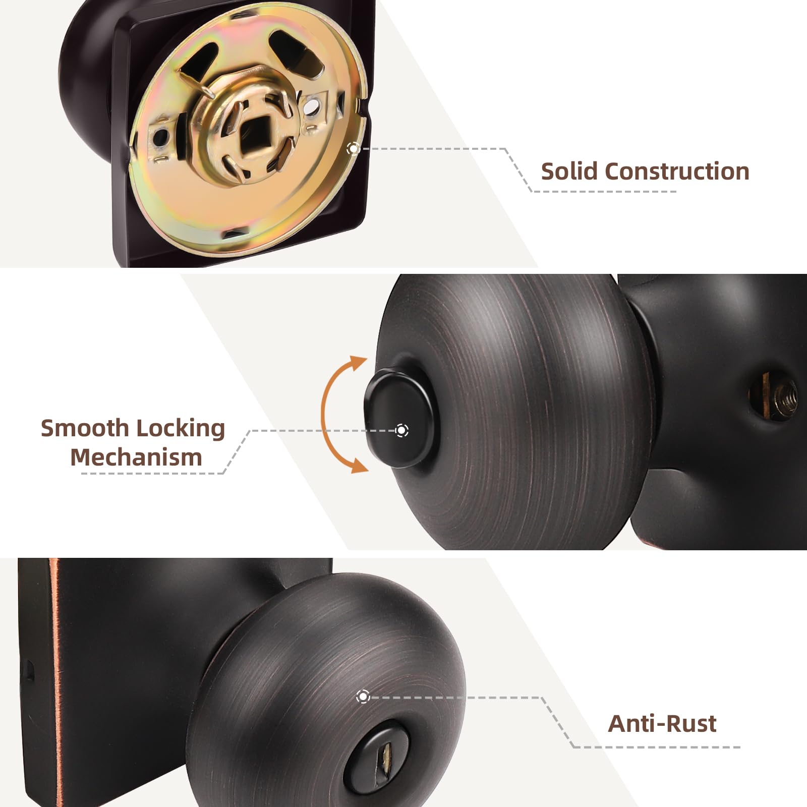 GOBEKOR Pack de 3 pomos de puerta de privacidad para interior de bronce aceitado sin llave, cuadrados, modernos pomos de puerta de acero inoxidable para dormitorio y baño