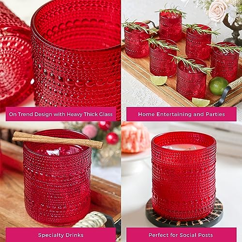 Image of Kate Aspen Retro Arch Floral Red Drinking Glasses Set of 6, 10 oz Vintage Ribbed Glass Cups, Christmas Glassware & Holiday Drinkware, Valentine's Day & Holiday Hostess Gift