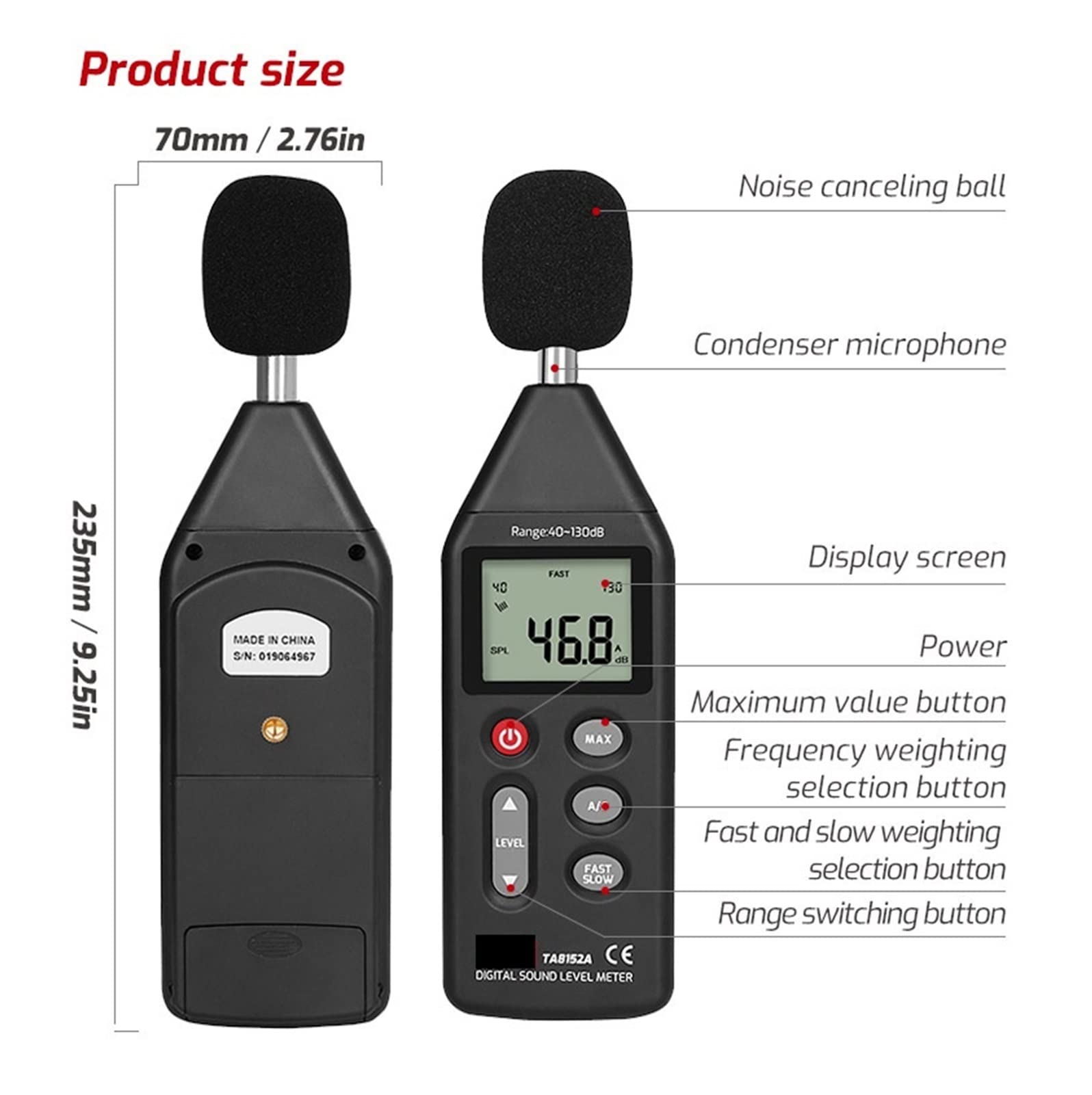 Mierniki poziomu dźwięku, TA8152A Detektor audio miernika cyfrowego poziomu dźwięku LCD Wyświetl 40-130dB Tester Objętość Mierzenie decybeli