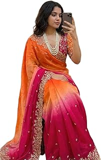 LUXE VIBE Trending Soft Fendy Satin Silk Saree with Heavy Embroidery, 3mm Sequin Work &amp; Aarco Buttis | Fully Stitched Heav...