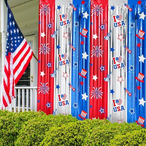 Image of WovWeave Red White Blue Decorations 2 Pack 3.3 x 6.6 Ft Patriotic 4th of July Tinsel Foil Fringe Curtains Star Firework Streamer Backdrop Photo Prop for Patriotic Independence Memorial Labor Day