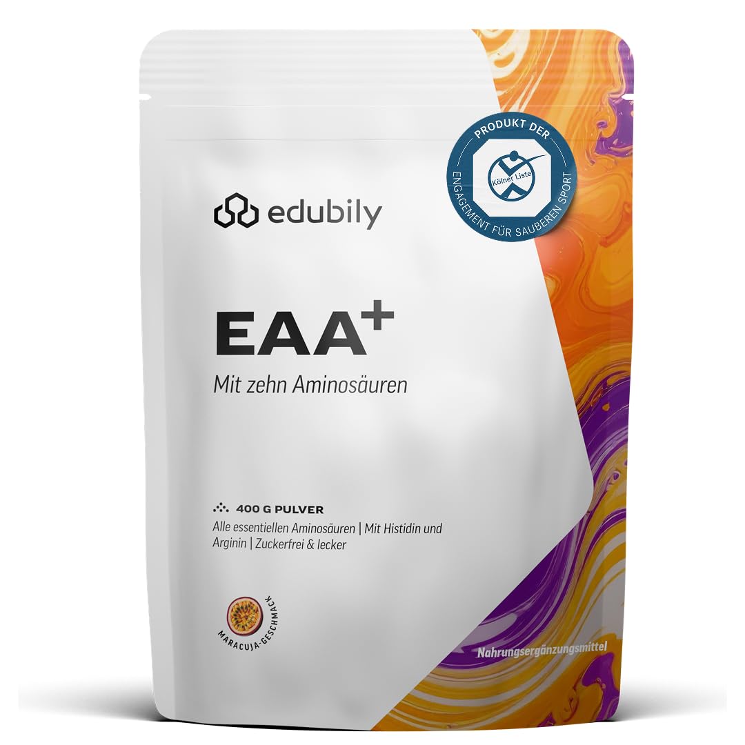 edubily® EAA Pulver, Maracuja, 400 g | 9 essentielle Aminosäuren plus Arginin, Veganer Aminosäuren Komplex, Mit Stevia gesüßt, Hochwertig