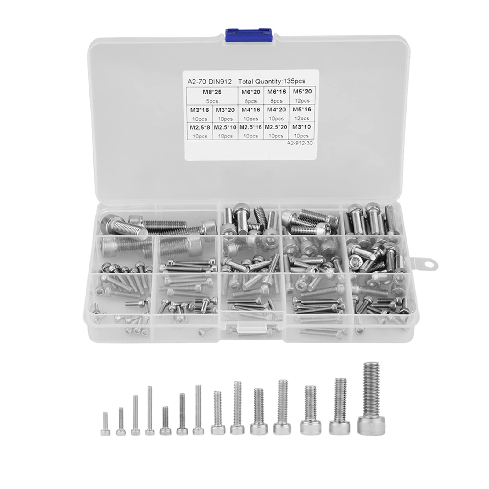 Hilitand Men's Silver 135Pcs Set M2.5 M3 M4 M5 M6 M8 304 Stainless Steel Hex Socket Head Cap Screws With Transparent Plastic Box