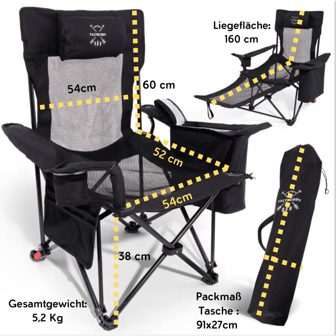 Campingstuhl faltbar & Liegestuhl klappbar 2in1 180Kg schwarz [XXL Kühltasche] Faltstuhl I Klappstuhl I Angelstuhl Campingliege Strandliege klappbar leicht - Angler Strand Festival Outdoor