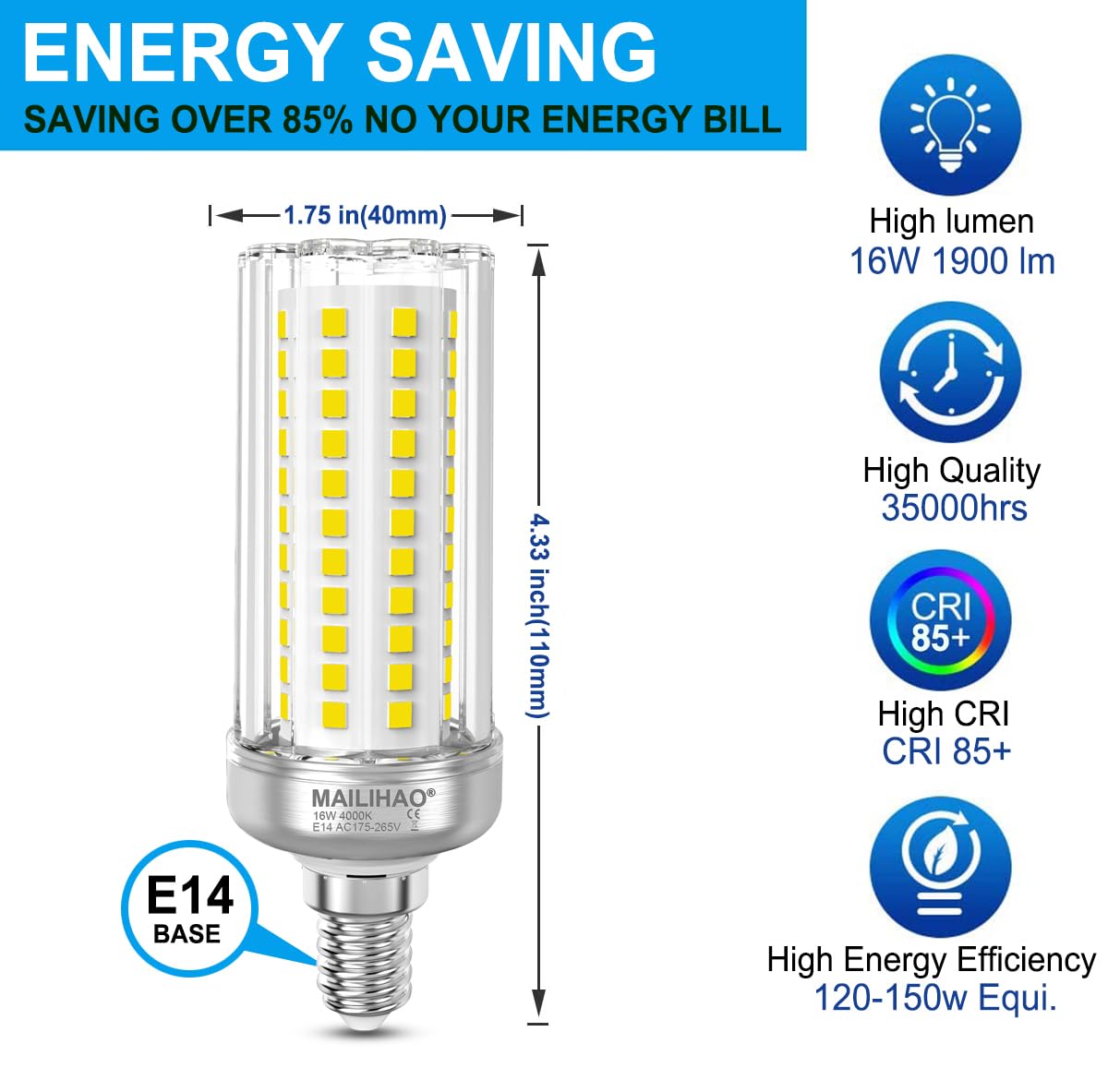 E14 LED Lampadina 4000K Bianco Neutro 1900LM,Equivalenti a 120W 150W Lampada Alogena, Angolo 360, Lampadina Edison,Nessun Sfarfallio,Alta luminosità e Risparmio Energetico Non Dimmerabile, 5 Pezzi