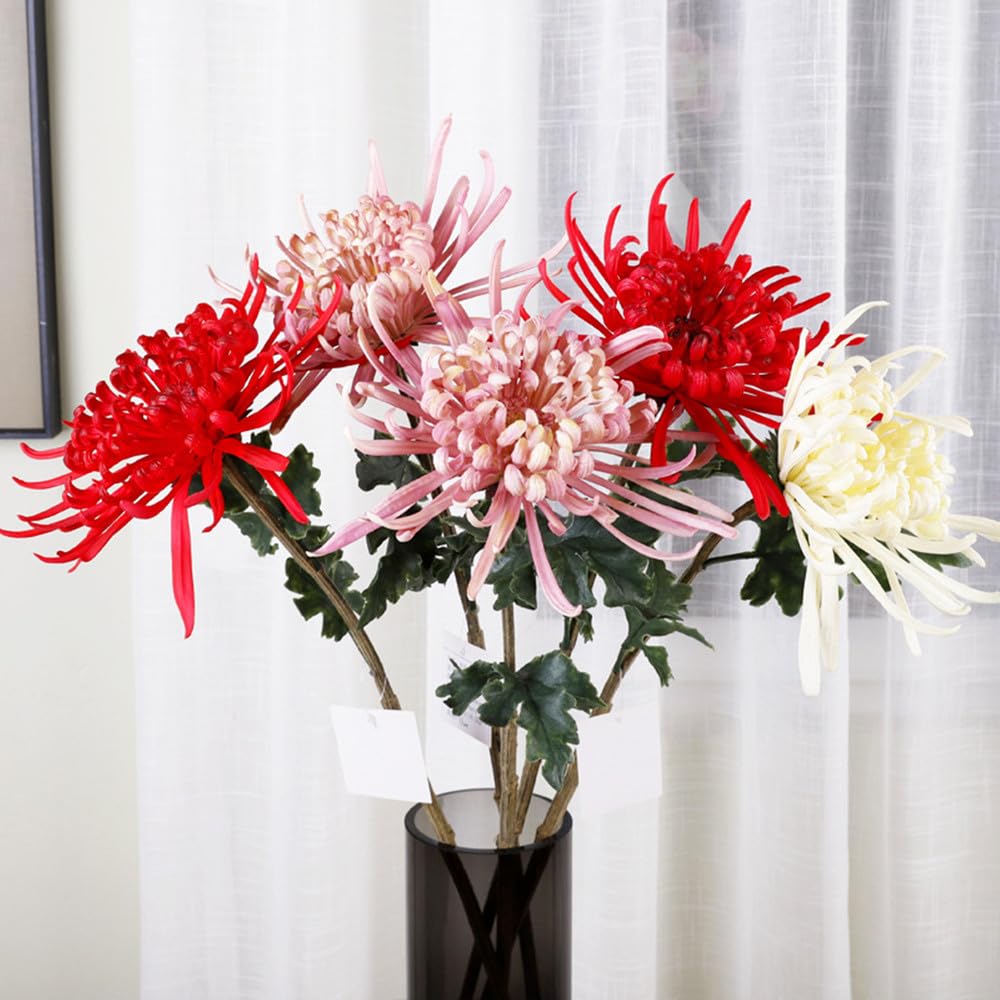 LIJUCAI 5 Pieces Artificial Chrysanthemum Flower Stems Large Faux Spider Mum Flowers for Home Decor Wedding Centerpieces Vase Arrangements,A