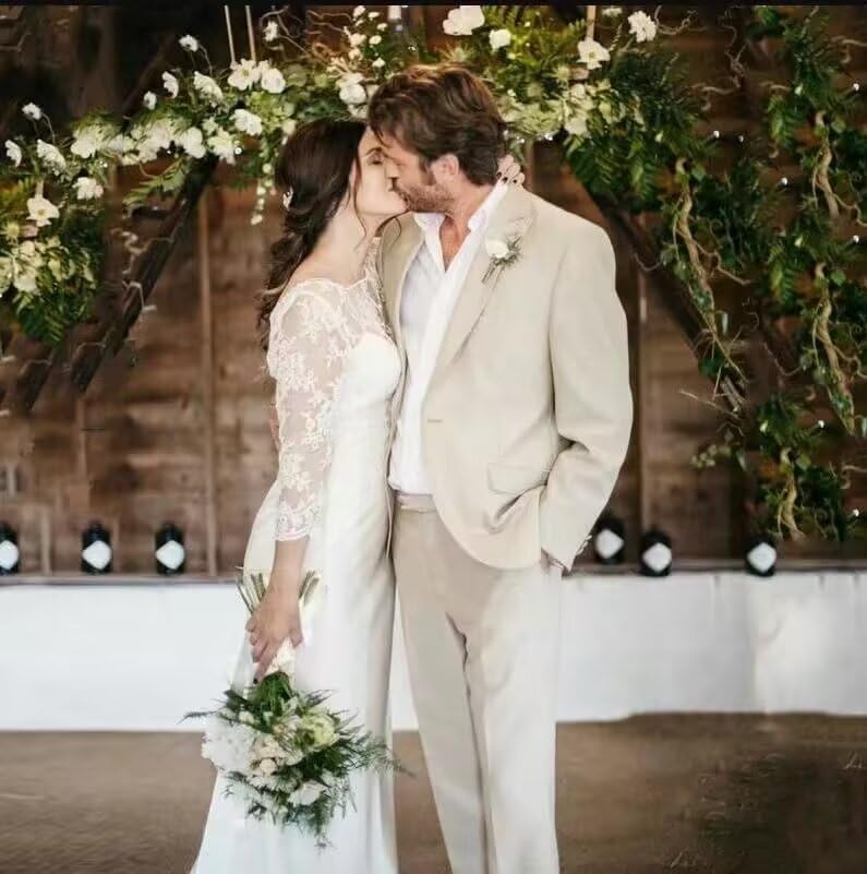 Linen Suits for Men 2 Piece Slim Fit Beach Wedding Suit Business Casual Lightweight Tuxedo Blazer Pants Set3