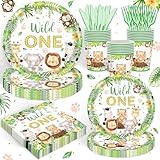 120PCS Wild One Party Supplies for Boys 1st Kids First Birthday Party Jungle Animal Safari Decorations Woodland themed Tableware Set Plates Napkins Cups Set for 20 Guests