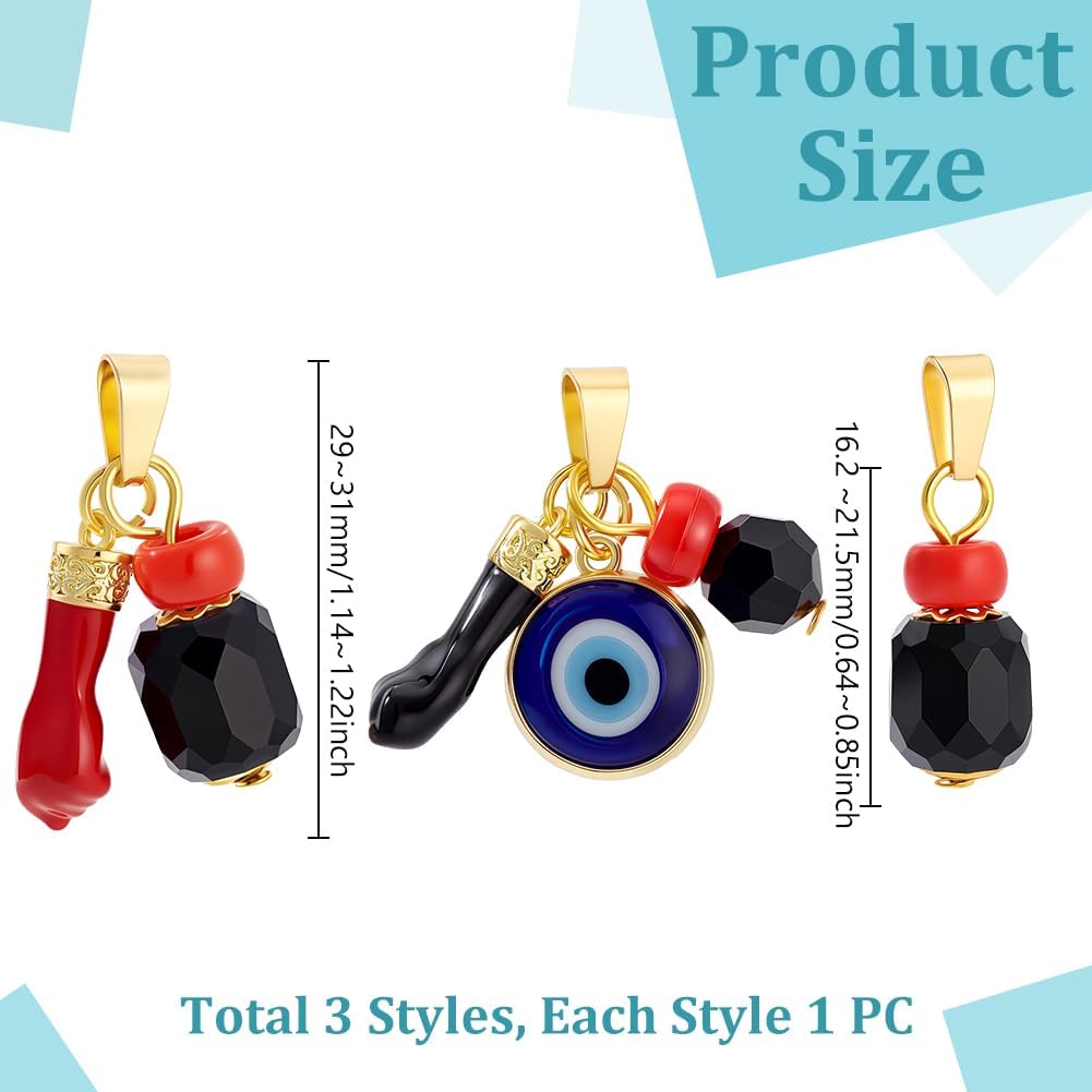 AHANDMAKER 3pcs Evil Eye Charms, Brass Evil Eyes Lucky Charm with 18K Gold Plated Stainless Steel Clip Pinch Bails Enamel Fist Dangle Pendant for Jewelry Making Necklaces Bracelets Earrings DIY Craft - Image 2