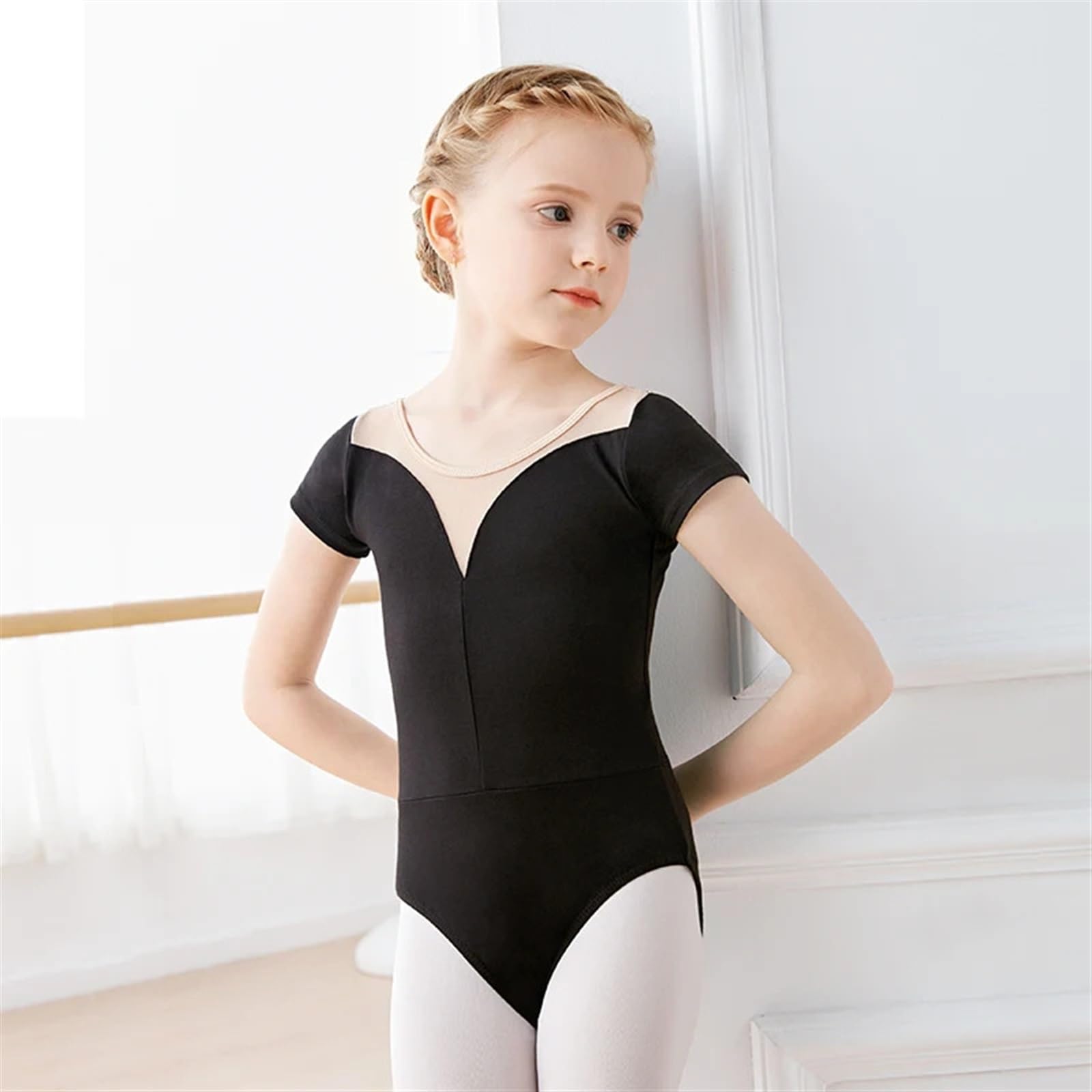 Schwarzer Trikotanzug für Mädchen Schwarzer Turnanzug for Mädchen, Ballettanzug for Teenager, Netzstoff, Gymnastikanzug, Ballett-Tanz-Body, schwarz, kurzärmelig, Ballettkostüme