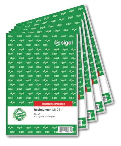 SIGEL SD031 Rechnungen, A5, 2x40 Blatt, selbstdurchschreibend, 5er Pack, Rechnungsblock mit 1 Durchschlag, aus nachhaltigem Papier, Rechnungsblock SIGEL SD031 Rechnungen, A5, 2x40 Blatt, selbstdurchschreibend, 5er Pack, Rechnungsblock mit 1 Durchschlag, aus nachhaltigem Papier, Rechnungsblock