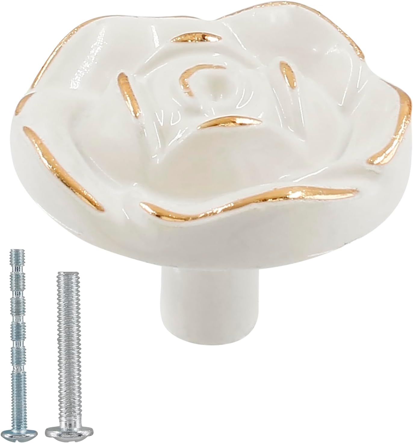 Jiozermi 8 Pcs Ivory White Cabinet Pulls Knobs, Vintage Rose Flower Kitchen Drawer Pulls for Door Kitchen Drawer Dresser Wardrobe Cupboard，Gold Line