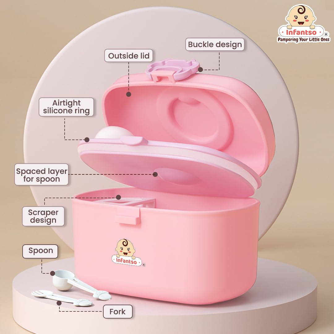 Infantso FEED EASE (2-in-1) Baby Milk Powder & Food Container 240gms | BPA-Free, Leak-Proof Bear Box, Travel-Friendly with Spoon & Fork, Baby Essential Food Storage Box, Snack Box, Baby Milk Powder Box 1