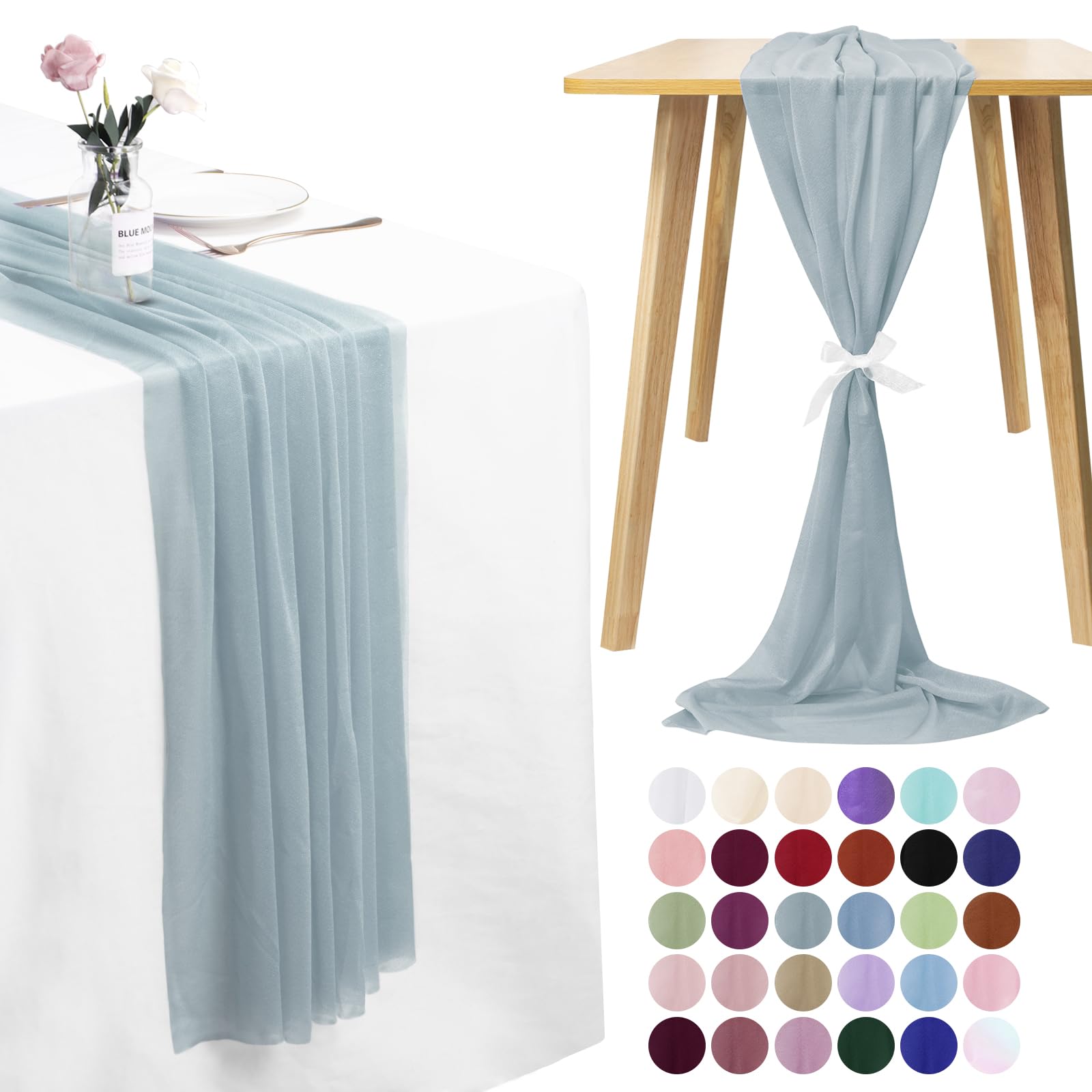 LEREATI Cheesecloth Table Runner Dusty Blue Chiffon Table Runner 75cm x 400cm Gauze Sheer Table Runner Tulle Cheese Cloth Tablerunner for Party, Wedding, Christmas, Shower Decorations