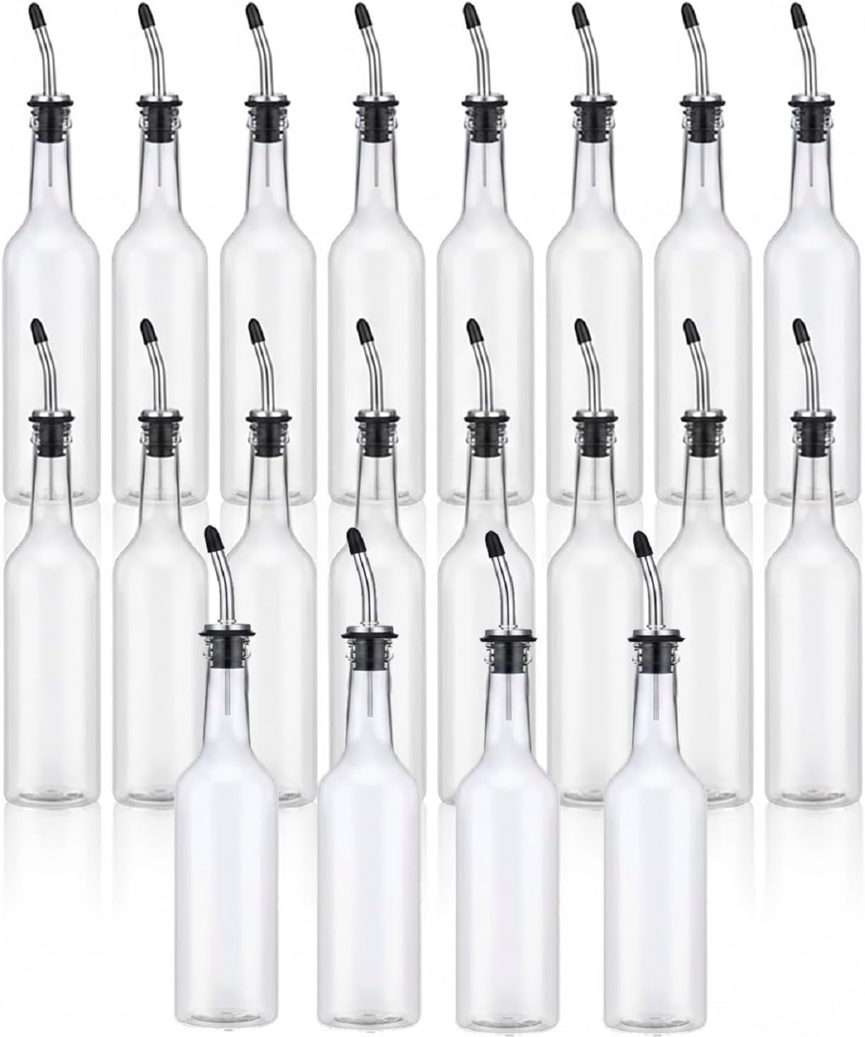 20 Set 15 oz Plastic Long Neck Bottles with Pourer and Caps Empty Clear Juice Liquor Pour Bottles with Stainless Steel Pourer Tapered Spout for Drinks Bar Juice Pour