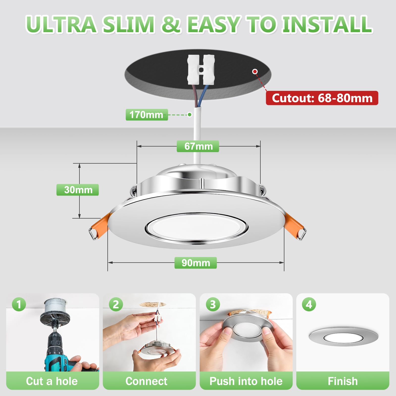 YindaLux Foco LED empotrable 230V Regulable IP44 5W Ultrafino, Corte 68-80 mm, 3000K/4000K/6000K, Orientable 45°, Focos de techo para Baño Cocina Níquel, Pack de 12