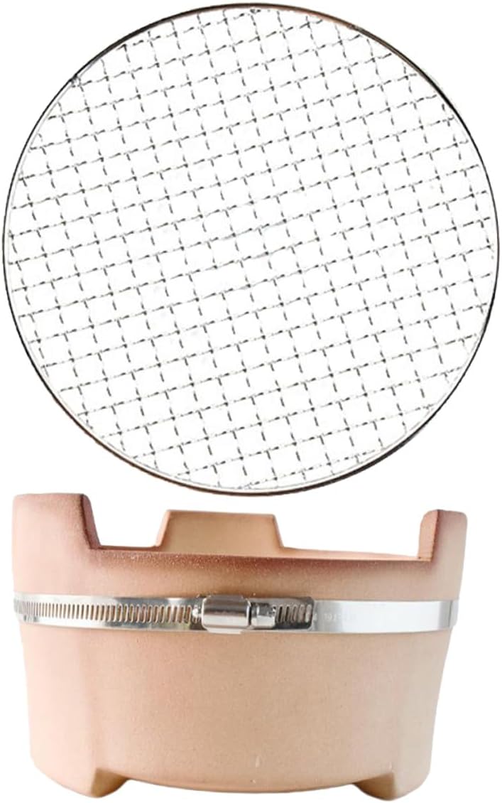 Kisangel Medium Charcoal Barbecue Stove with Stainless Steel Grill Net Set, Portable Clay Pot Base for Indoor Heating and Outdoor Camping Bbq Supplies