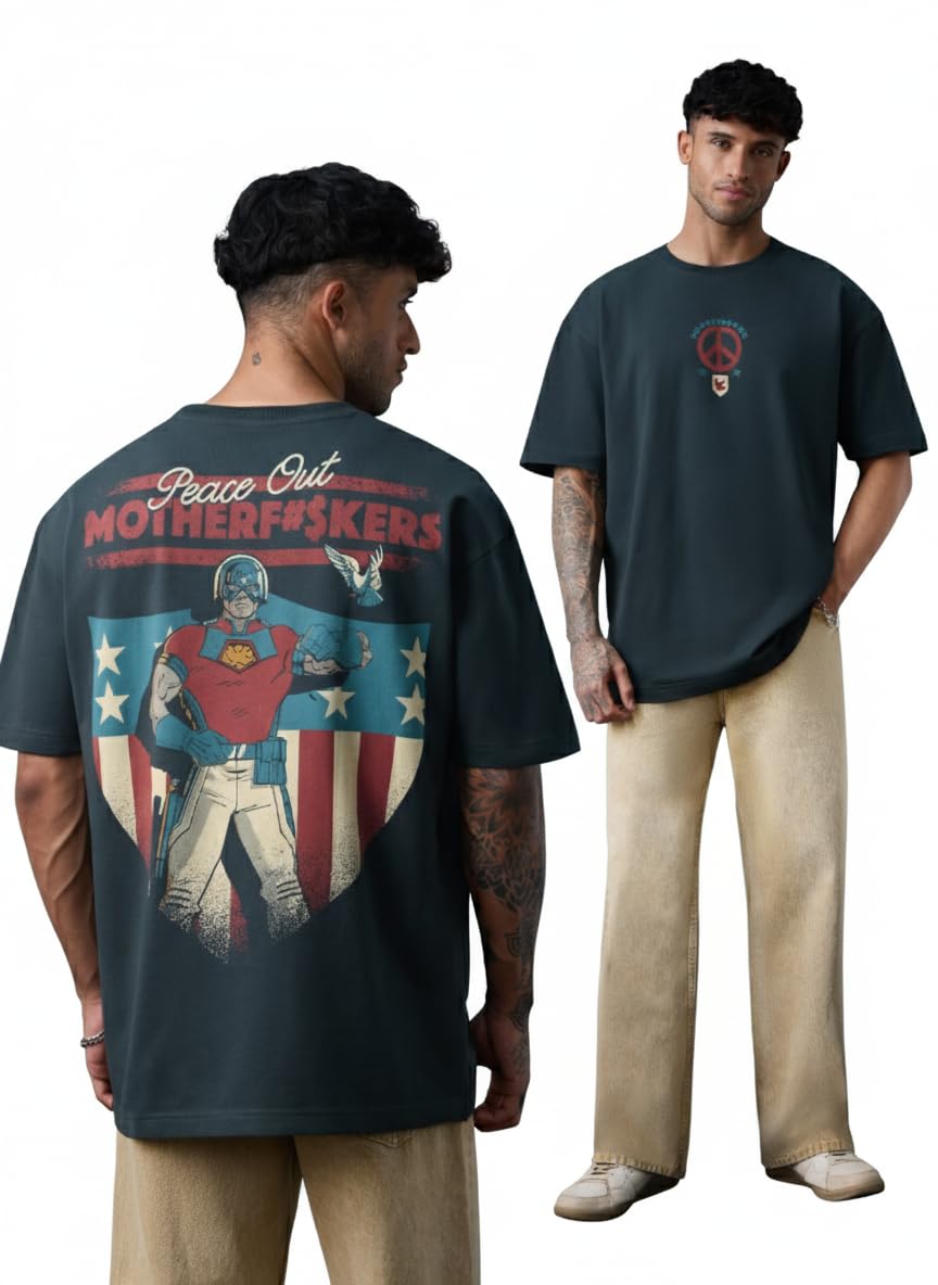 the souled store Peacemaker: Peace Out Men and Boys Short Sleeves Round Neck Charcoal Grey Superhero Graphic Print Casual Streetwear Cotton Oversized T-Shirt-picture-23