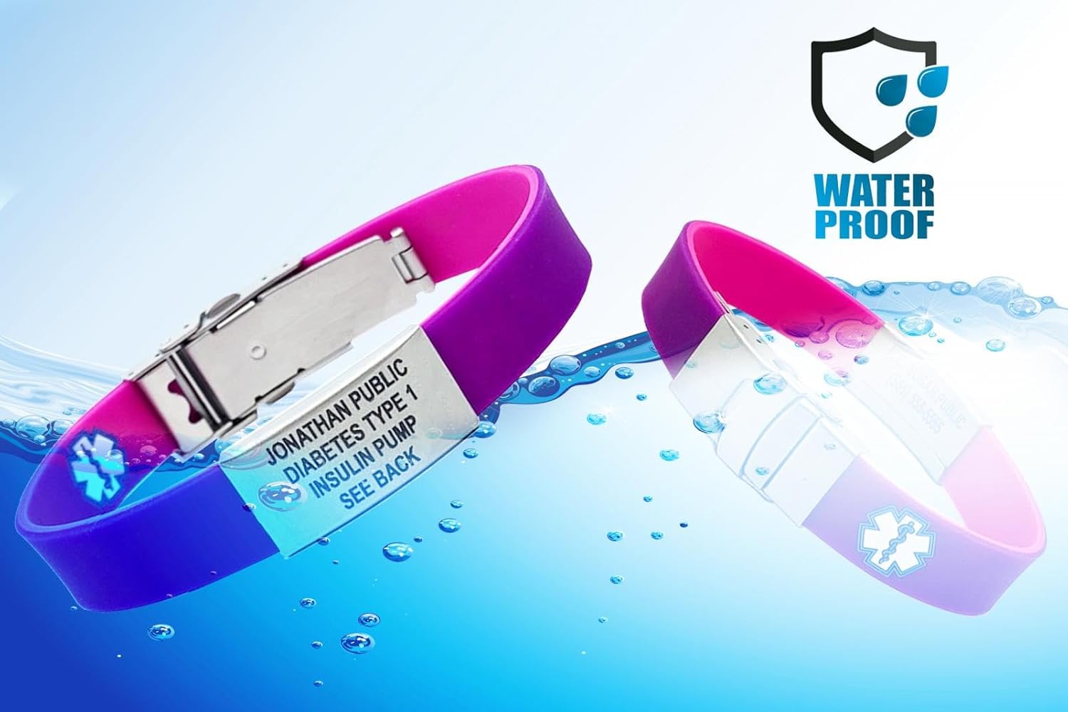 Universal Medical Data – Medical Alert Bracelet for Men and Women – Reversible Silicone Band 9-Line Laser Engraved, Waterproof – Custom Emergency Contact Bracelet, Adjustable Medic Alert – Pink/Purple