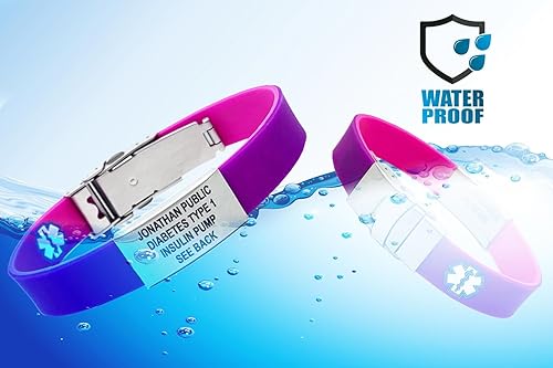 Miniatura 4 de Pulseras de identificación médica para mujeres u hombres, rosa o morado reversible deportivo delgado, pulsera médica de silicona, grabado con láser,