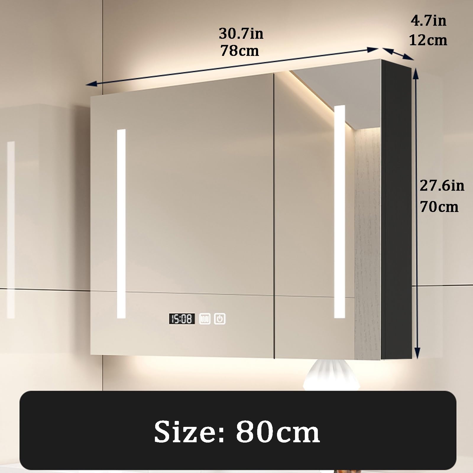 LED-Badezimmer-Spiegelschrank mit Dimmer, Touch-Schalter, 2-türiges Design, Wandmontage, eingebaut und oberflächenmontiert, feuchtigkeitsbeständig, moderner Stil (Farbe: A)