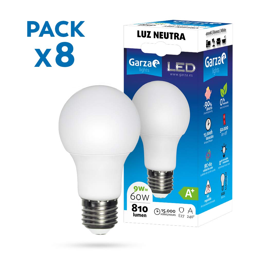 Garza - Pack de 8 Bombillas LED de bajo consumo estandar A60 E27 de 810LM y 9W de potencia equivalente a 60W y temperatura blanco día 4.000K 15.000H duración