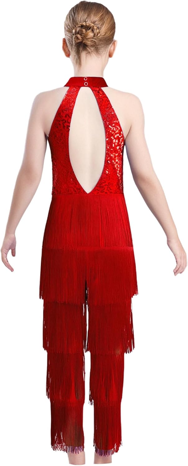 Kids Girls Sequin Layered Tassel Pants Jumpsuit Sleeveless Ballroom Rumba Samba Latin Dance Fringe Outfit Red 10 Years