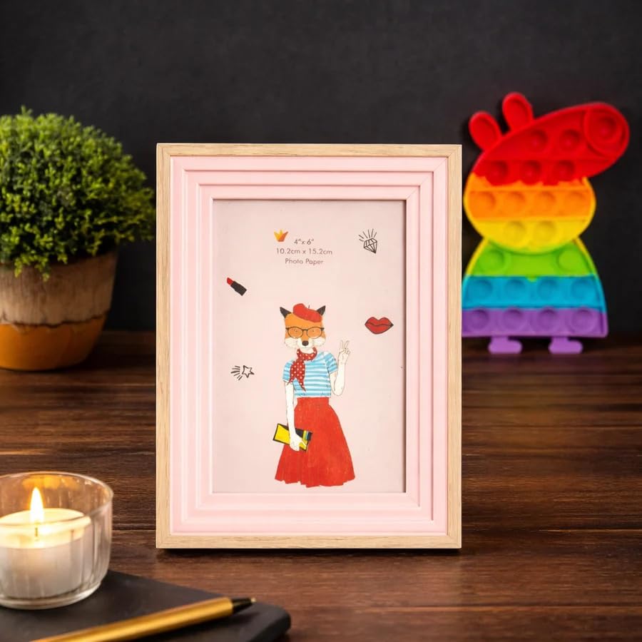 Image of Decorative Wooden Photo Frame 4x6, Pink & Natural Frame for Kids Room, Cute Bunny Illustration Picture Frame, 20cm x 15cm, Tabletop & Wall Display
