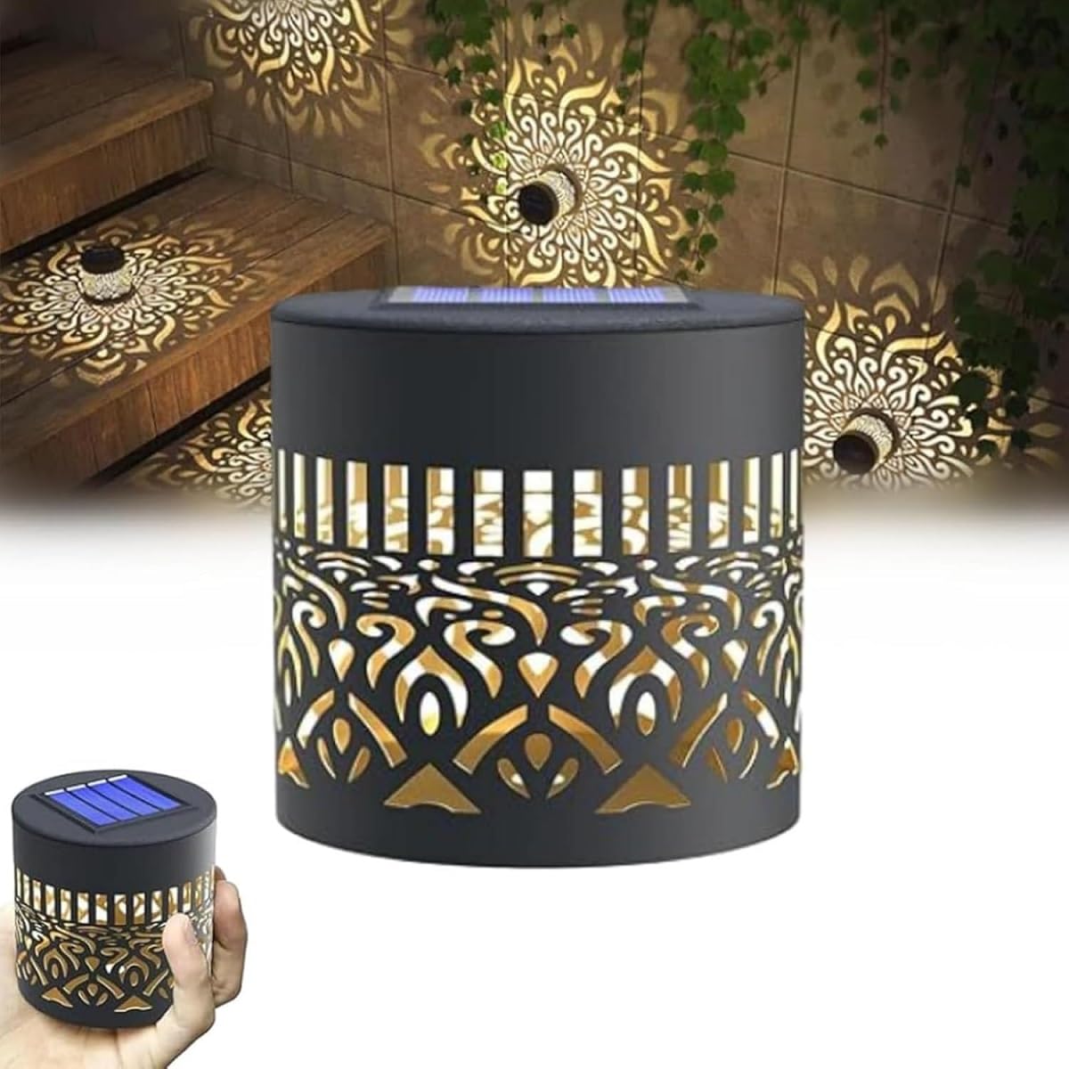 Mnrkaoic Decorative Solar Mandala Lights, Outdoor Garden Fence Projector Lamp Patio Ambient Decor Solar Fence Lantern Warm White for Outside Table Patio Balcony Deck, Yard, Pathway (1PC)