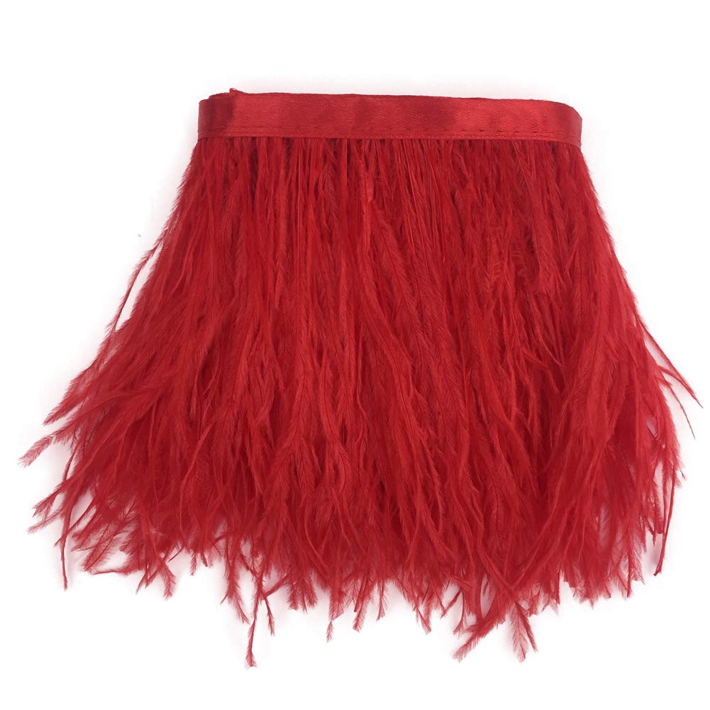 Sowder Ostrich Feathers Trims Fringe with Satin Ribbon Tape for Dress Sewing Crafts Costumes Decoration Pack of 2 Yards(red)