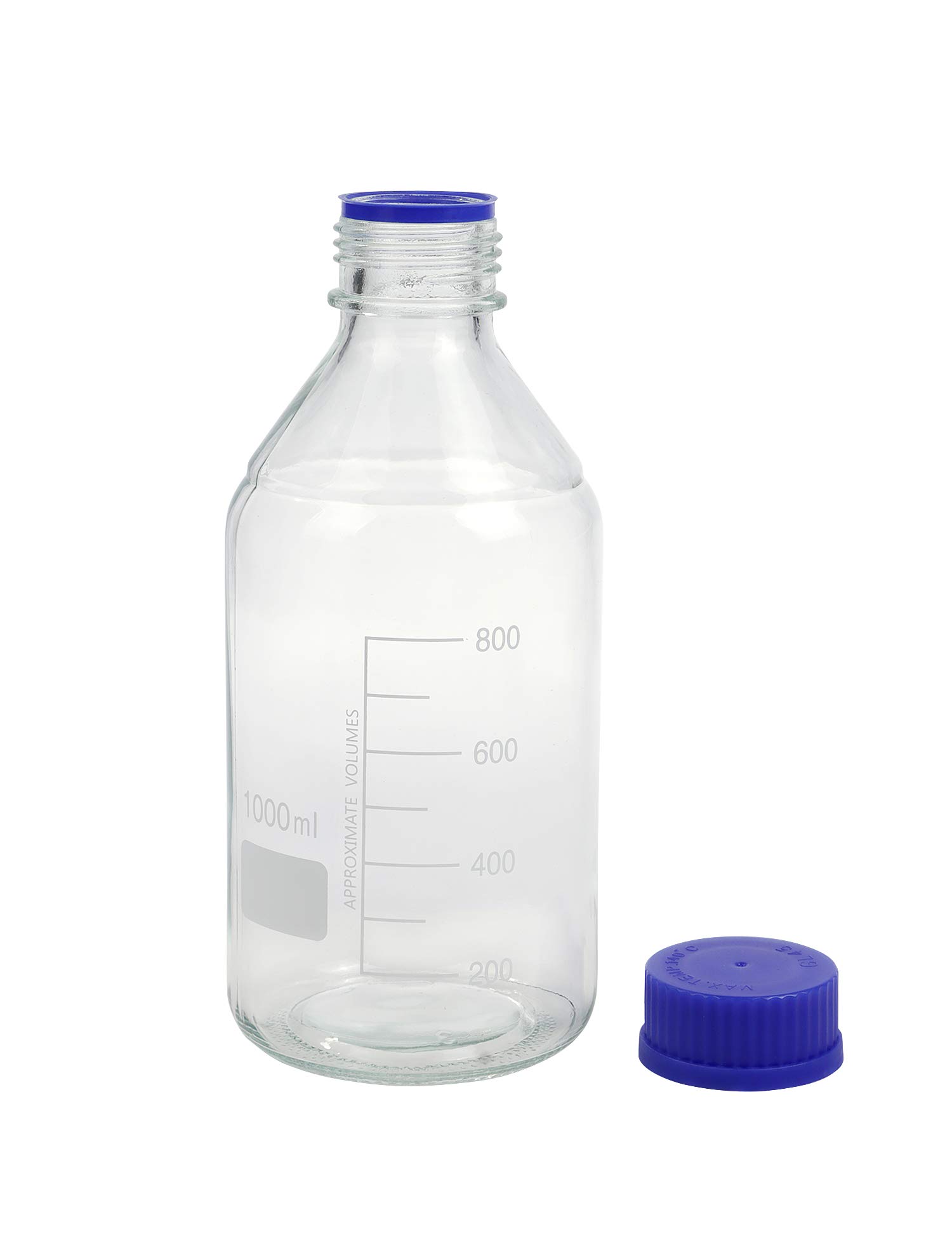Pyrex - Paquete de 4 botellas de vidrio redondas graduadas de 1000 ml con tapón de rosca de polipropileno azul GL45