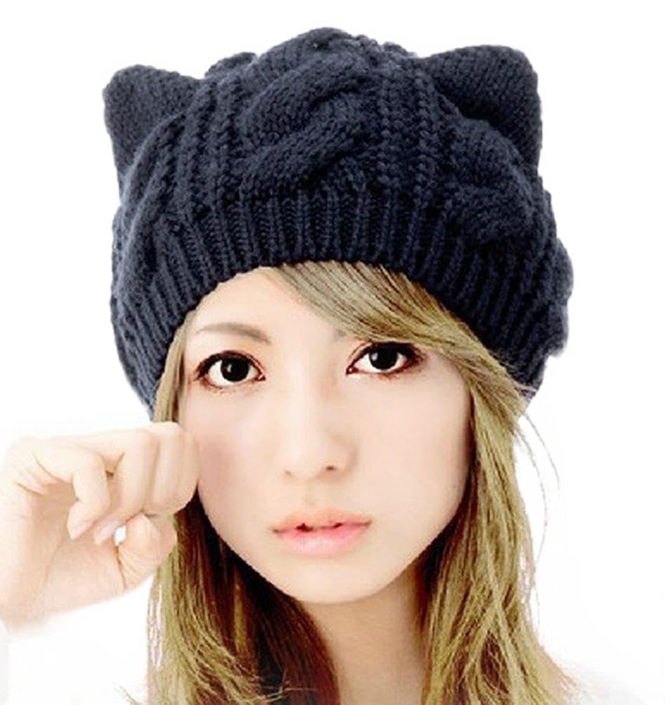 Amazon | 【 猫耳付 ニット帽子 (ブラック ベージュ 2色より) 】 黒猫